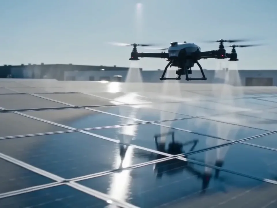 Drone spoelt rijen zonnepanelen op een groot plat dak